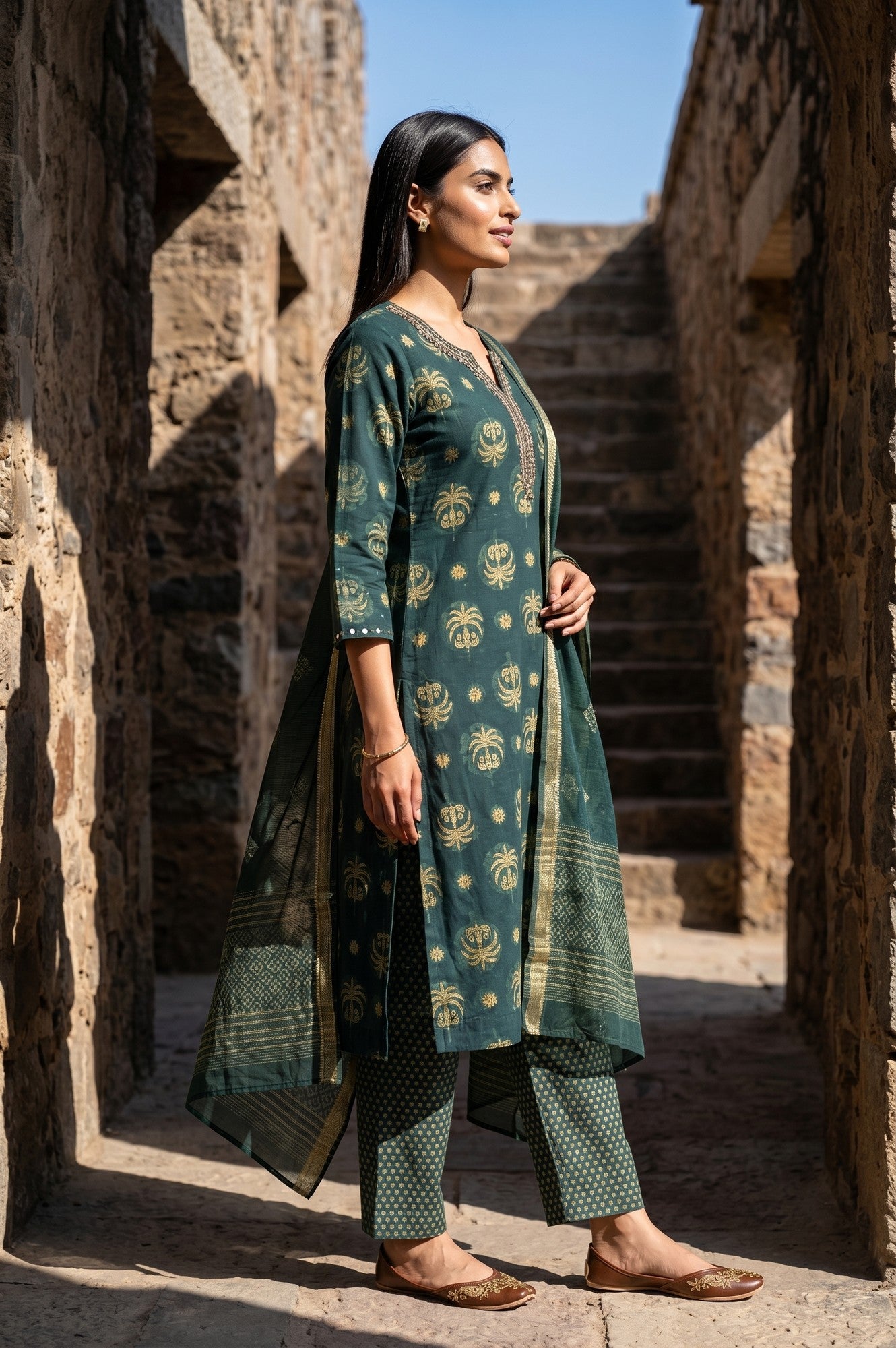 Green Block Printed Pure Cotton Straight Kurta With Straight Pants And Dupatta Set