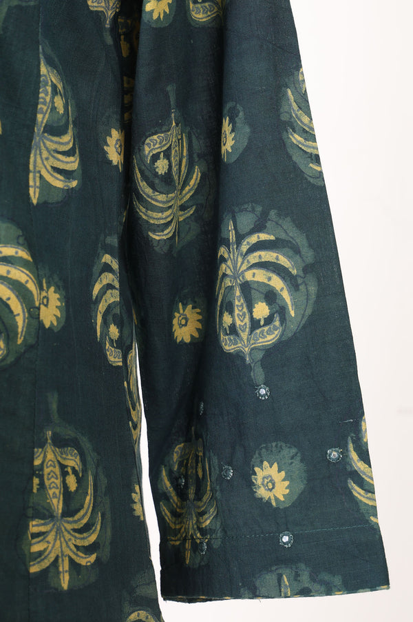 Green Block Printed Pure Cotton Straight Kurta With Straight Pants And Dupatta Set