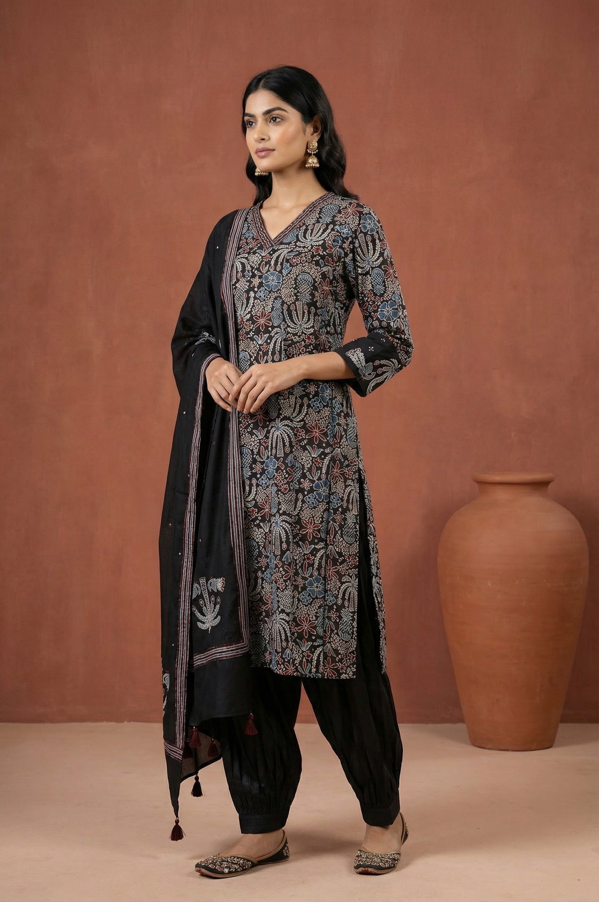 Black Block Printed Floral Satin Straight Kurta with Salwar and Dupatta Set - S