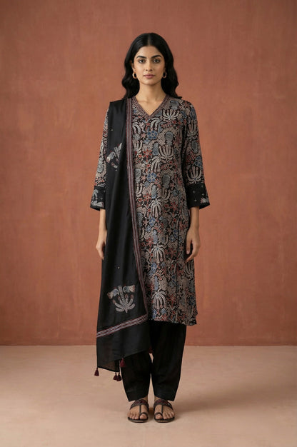 Black Block Printed Floral Satin Straight Kurta with Salwar and Dupatta Set