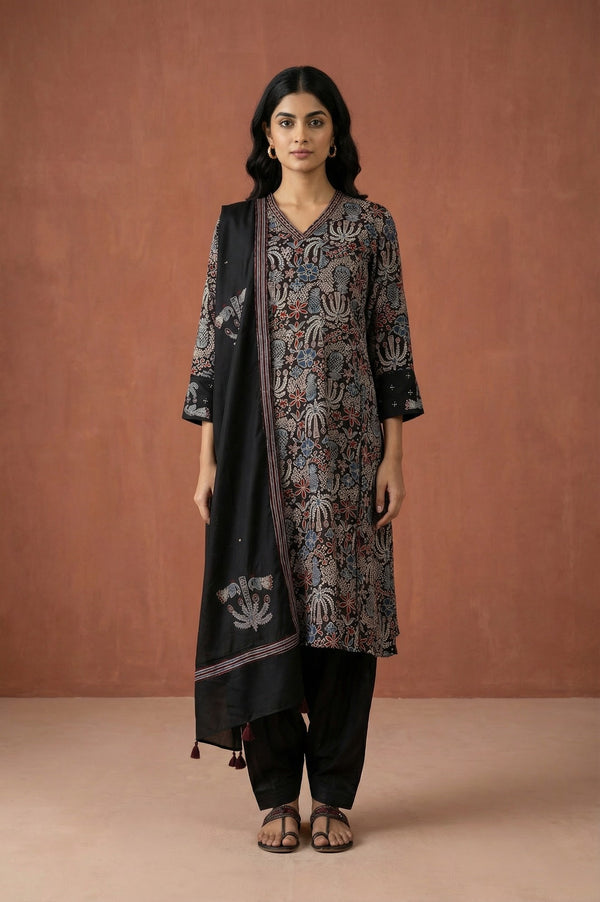 Black Block Printed Floral Satin Straight Kurta with Salwar and Dupatta Set