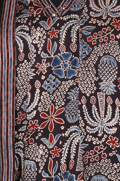 Black Block Printed Floral Satin Straight Kurta with Salwar and Dupatta Set
