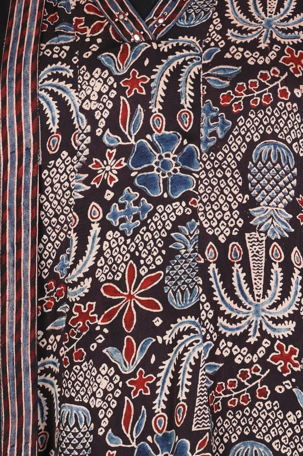Black Block Printed Floral Satin Straight Kurta with Salwar and Dupatta Set