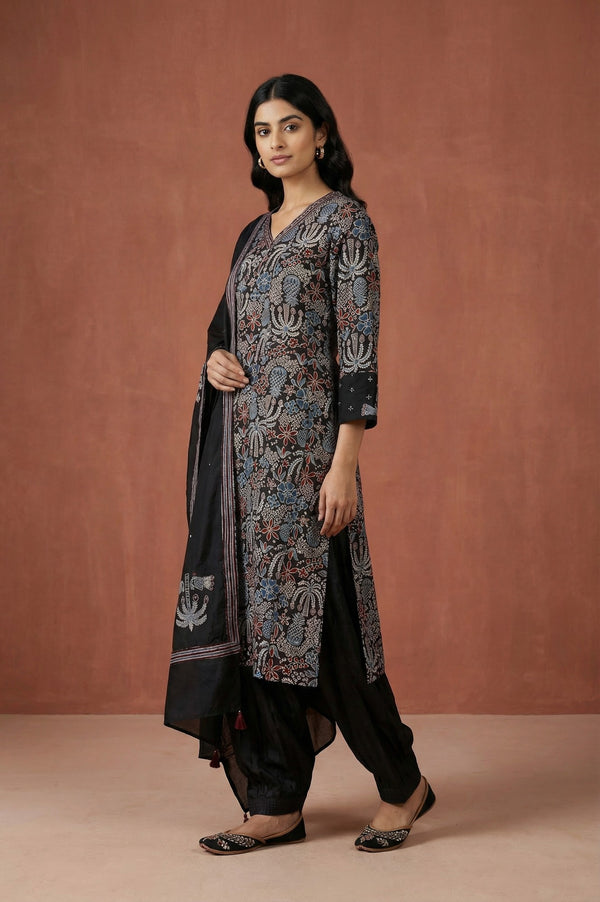 Black Block Printed Floral Satin Straight Kurta with Salwar and Dupatta Set
