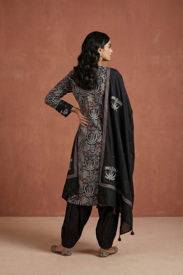 Black Block Printed Floral Satin Straight Kurta with Salwar and Dupatta Set