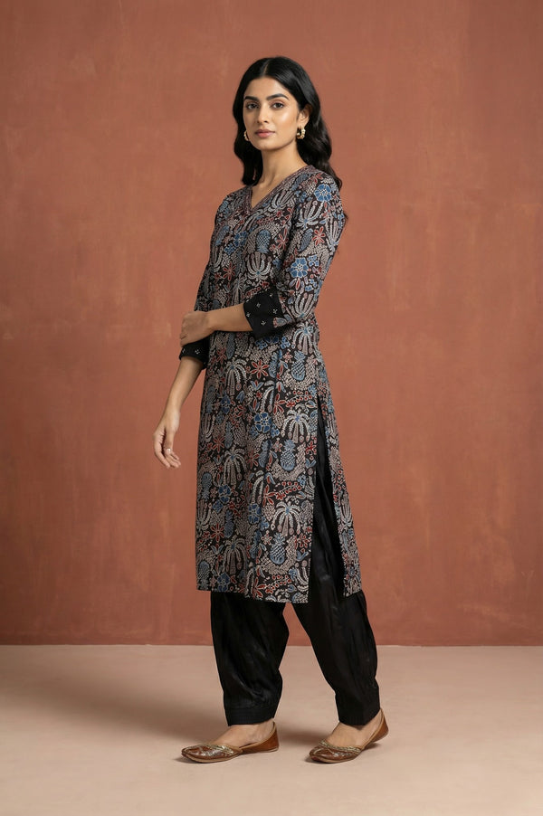 Black Block Printed Floral Satin Straight Kurta with Salwar and Dupatta Set
