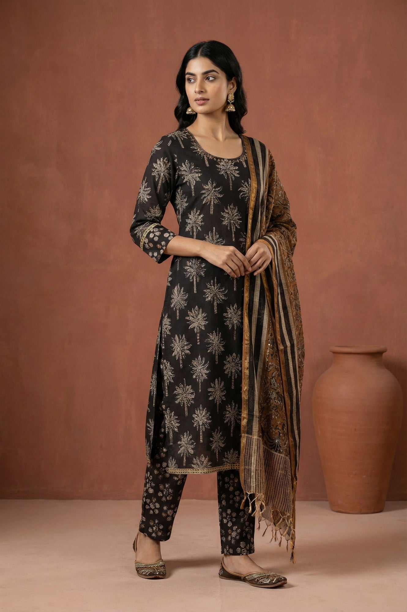 Black Block Printed Pure Cotton Straight Kurta with Pants and Dupatta Set