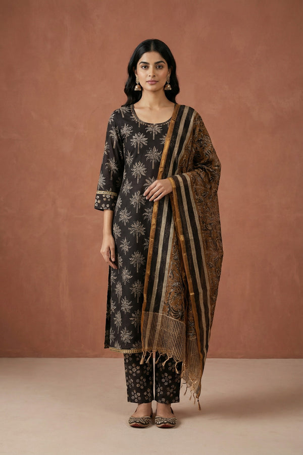 Black Block Printed Pure Cotton Straight Kurta with Pants and Dupatta Set