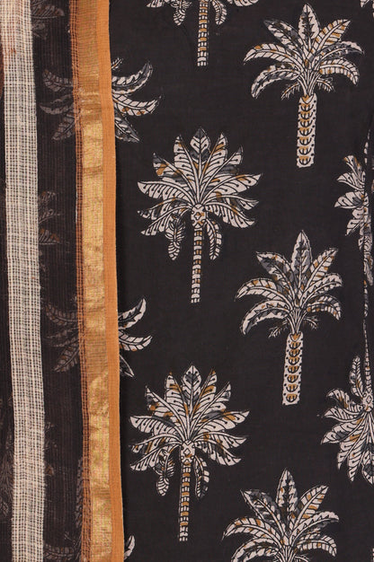 Black Block Printed Pure Cotton Straight Kurta with Pants and Dupatta Set