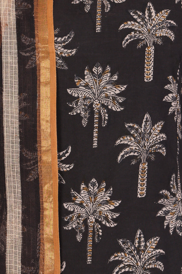 Black Block Printed Pure Cotton Straight Kurta with Pants and Dupatta Set