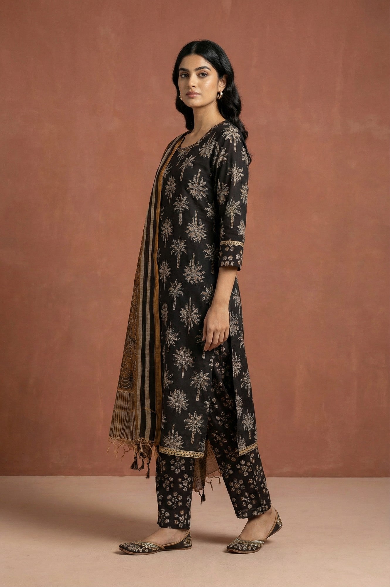 Black Block Printed Pure Cotton Straight Kurta with Pants and Dupatta Set