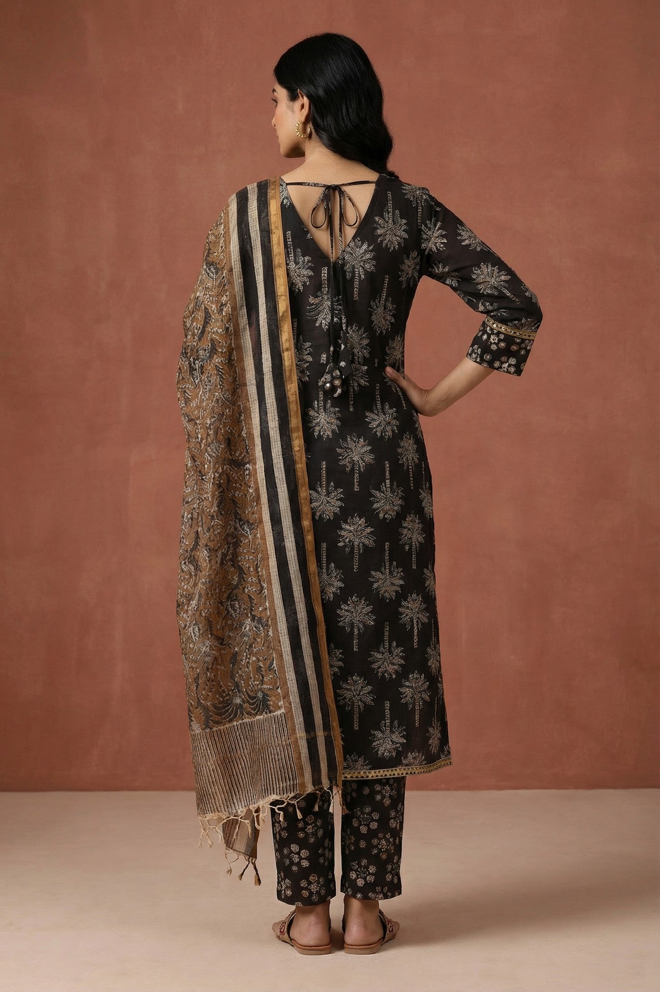 Black Block Printed Pure Cotton Straight Kurta with Pants and Dupatta Set