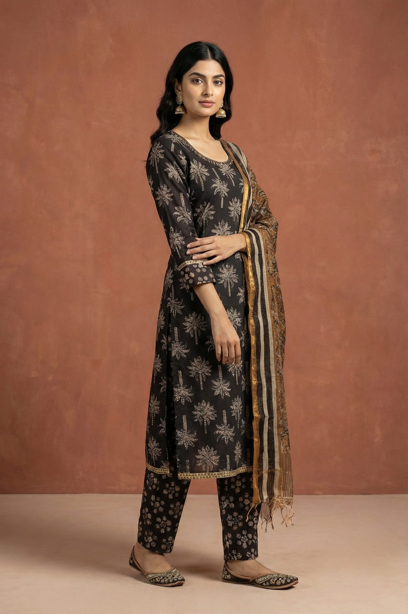 Black Block Printed Pure Cotton Straight Kurta with Pants and Dupatta Set