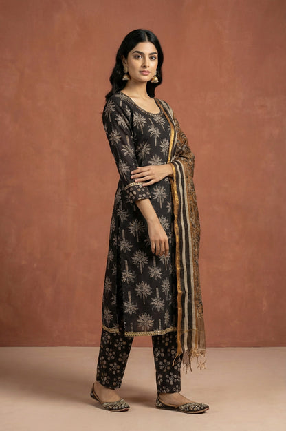 Black Block Printed Pure Cotton Straight Kurta with Pants and Dupatta Set