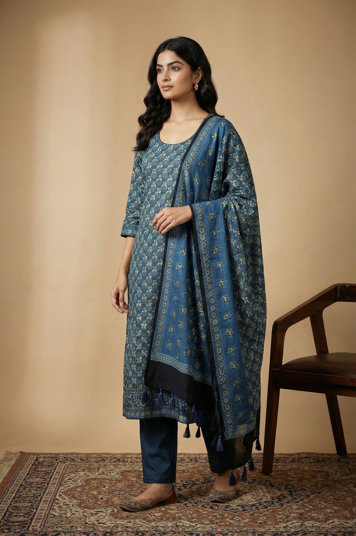 Blue Floral Printed Satin Straight Kurta with Pants and Dupatta Set - S