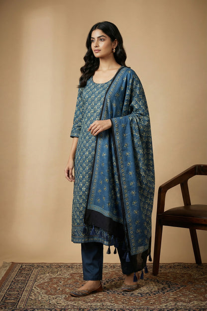 Blue Floral Printed Satin Straight Kurta with Pants and Dupatta Set