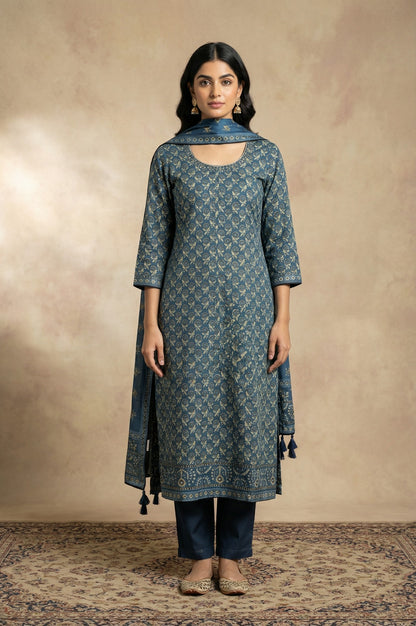 Blue Floral Printed Satin Straight Kurta with Pants and Dupatta Set