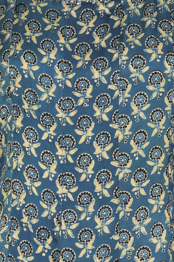 Blue Floral Printed Satin Straight Kurta with Pants and Dupatta Set