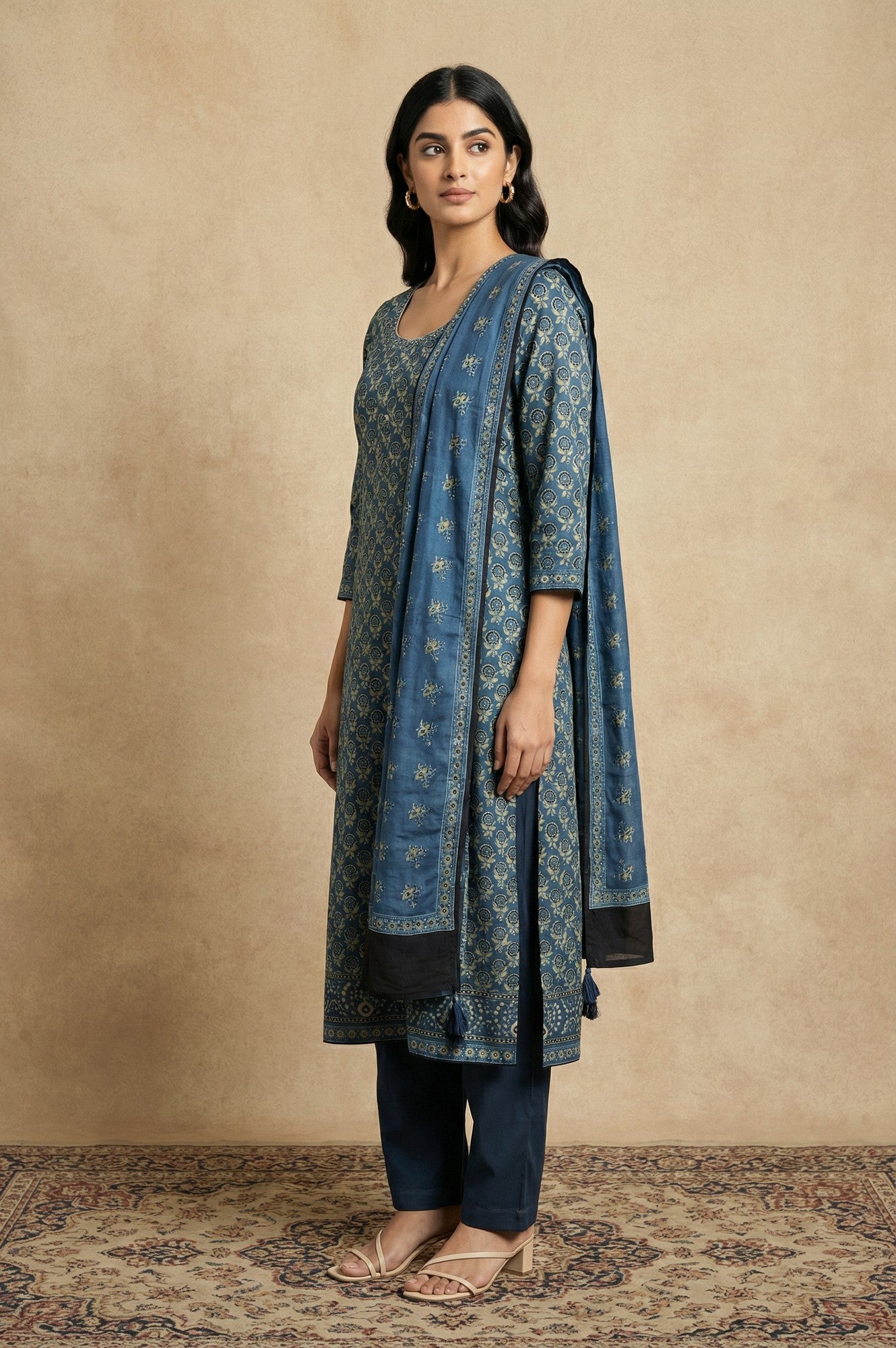 Blue Floral Printed Satin Straight Kurta with Pants and Dupatta Set