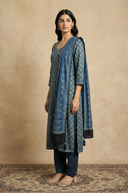 Blue Floral Printed Satin Straight Kurta with Pants and Dupatta Set