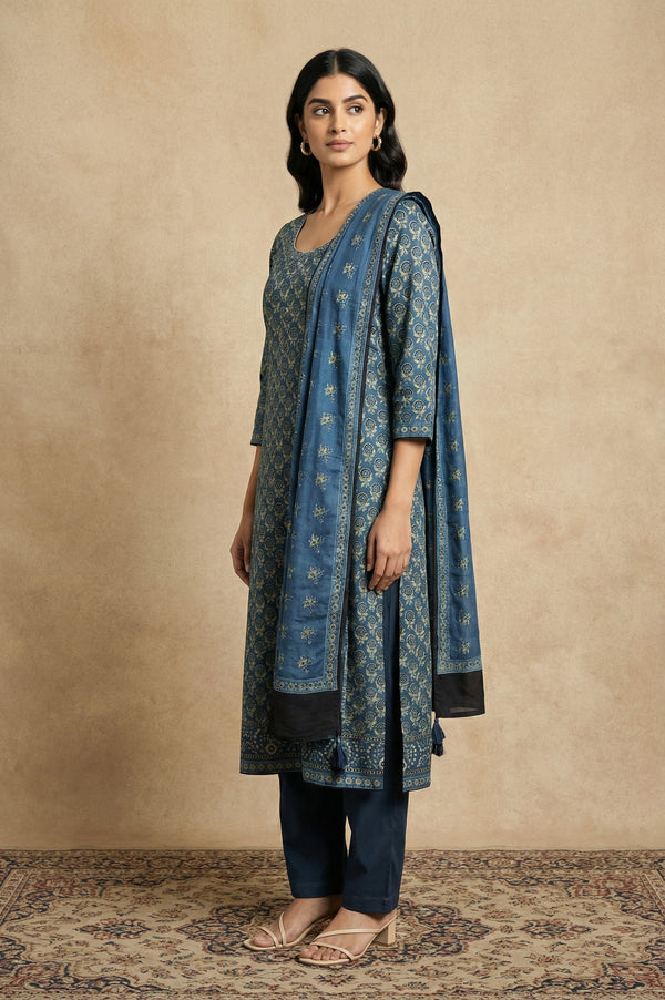Blue Floral Printed Satin Straight Kurta with Pants and Dupatta Set