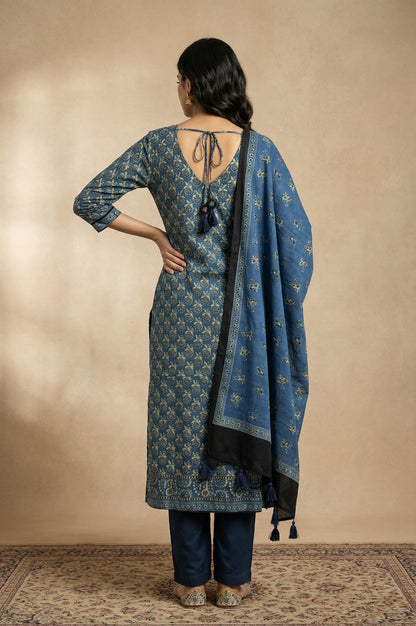 Blue Floral Printed Satin Straight Kurta with Pants and Dupatta Set