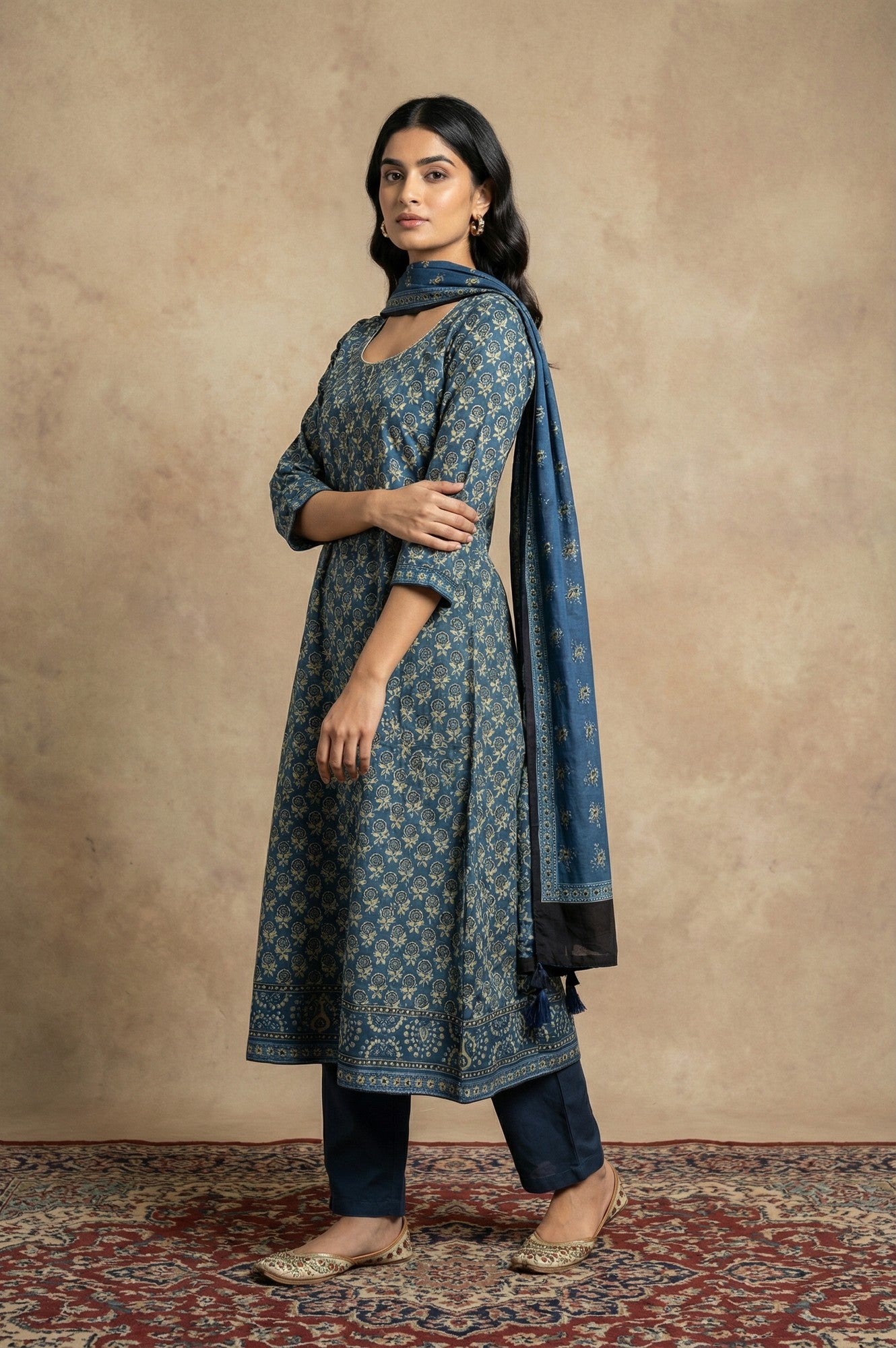 Blue Floral Printed Satin Straight Kurta with Pants and Dupatta Set