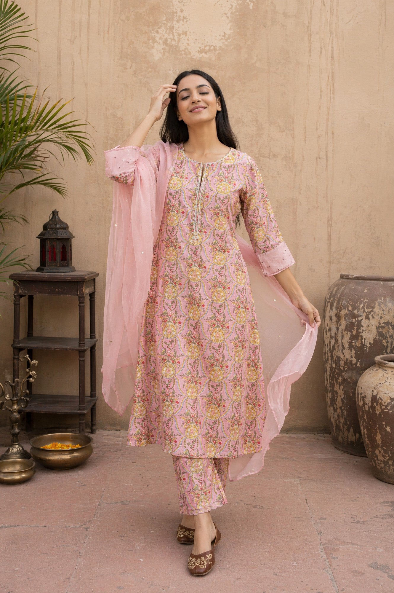 Folksong Women’s Pink Block Printed Cotton Silk Straight Kurta with Straight Pants and Dupatta Set