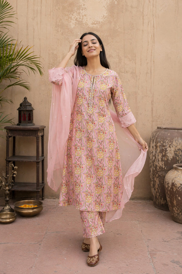 Folksong Women’s Pink Block Printed Cotton Silk Straight Kurta with Straight Pants and Dupatta Set