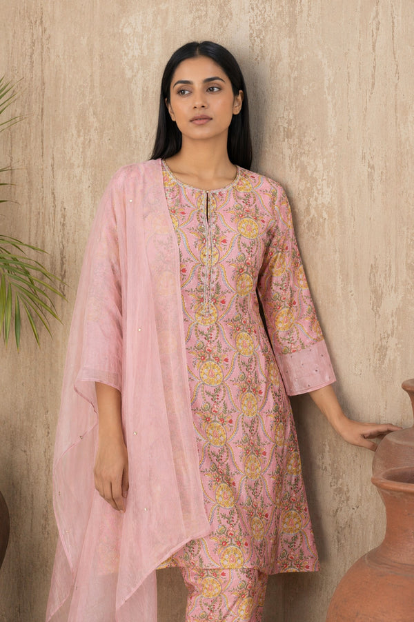 Folksong Women’s Pink Block Printed Cotton Silk Straight Kurta with Straight Pants and Dupatta Set