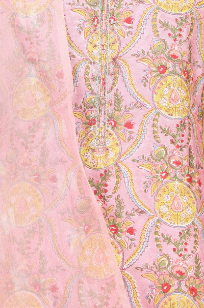 Folksong Women’s Pink Block Printed Cotton Silk Straight Kurta with Straight Pants and Dupatta Set