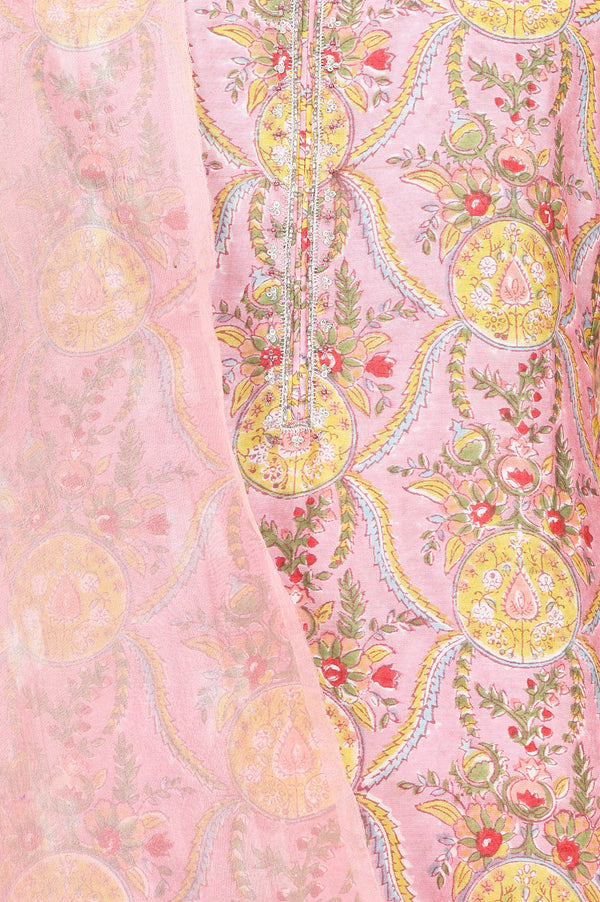 Folksong Women’s Pink Block Printed Cotton Silk Straight Kurta with Straight Pants and Dupatta Set