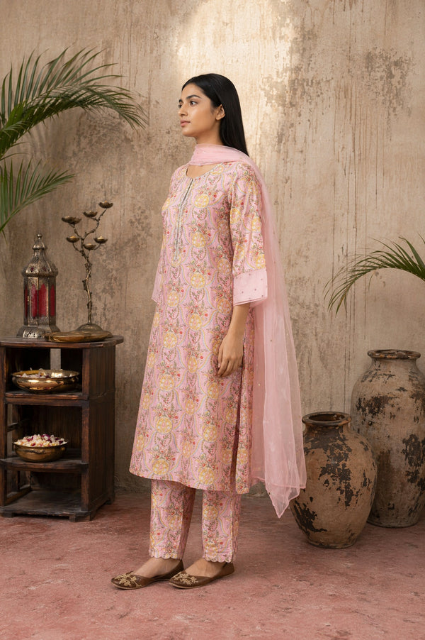 Folksong Women’s Pink Block Printed Cotton Silk Straight Kurta with Straight Pants and Dupatta Set