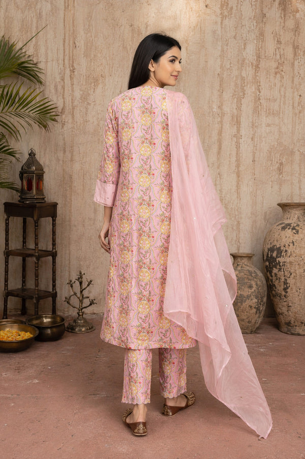 Folksong Women’s Pink Block Printed Cotton Silk Straight Kurta with Straight Pants and Dupatta Set