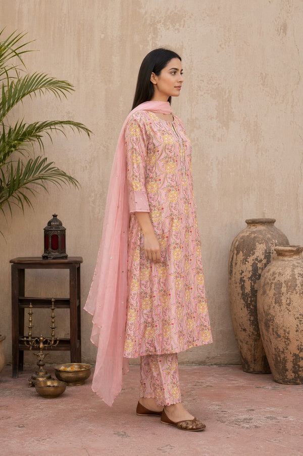 Folksong Women’s Pink Block Printed Cotton Silk Straight Kurta with Straight Pants and Dupatta Set