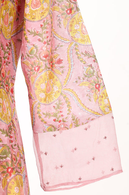 Folksong Women’s Pink Block Printed Cotton Silk Straight Kurta with Straight Pants and Dupatta Set
