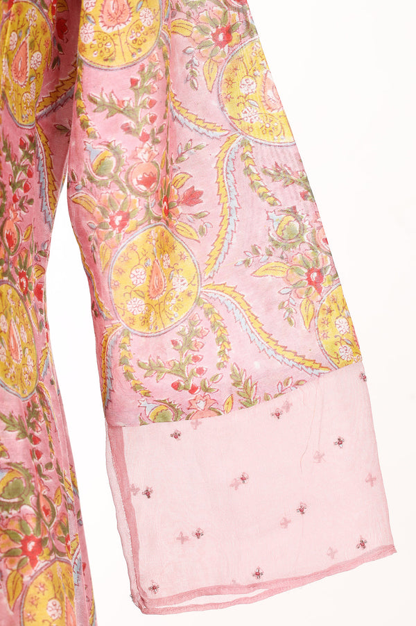 Folksong Women’s Pink Block Printed Cotton Silk Straight Kurta with Straight Pants and Dupatta Set