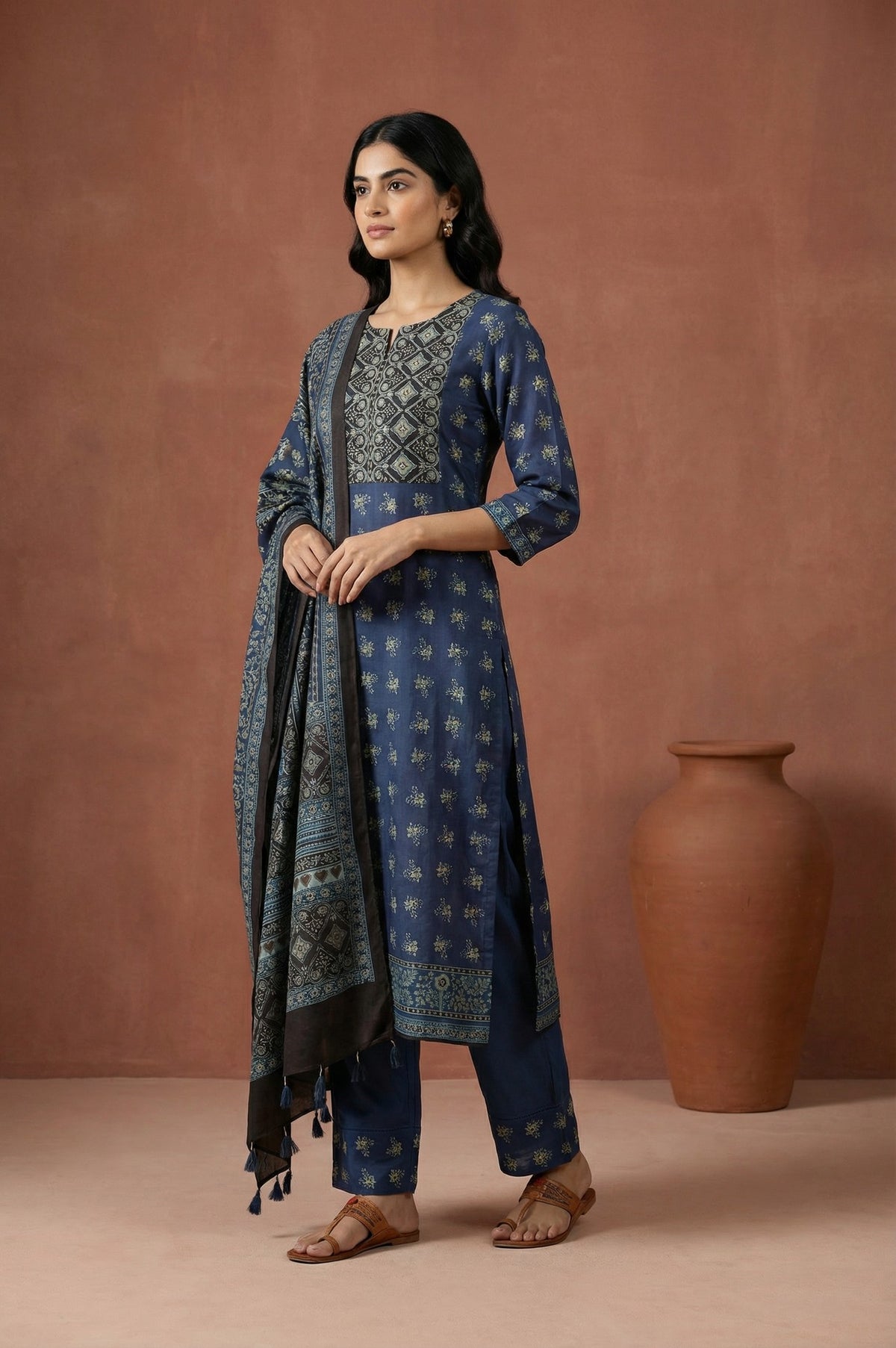Blue Block Printed Floral Satin Straight Kurta with Parallel Pants and Dupatta Set - XS