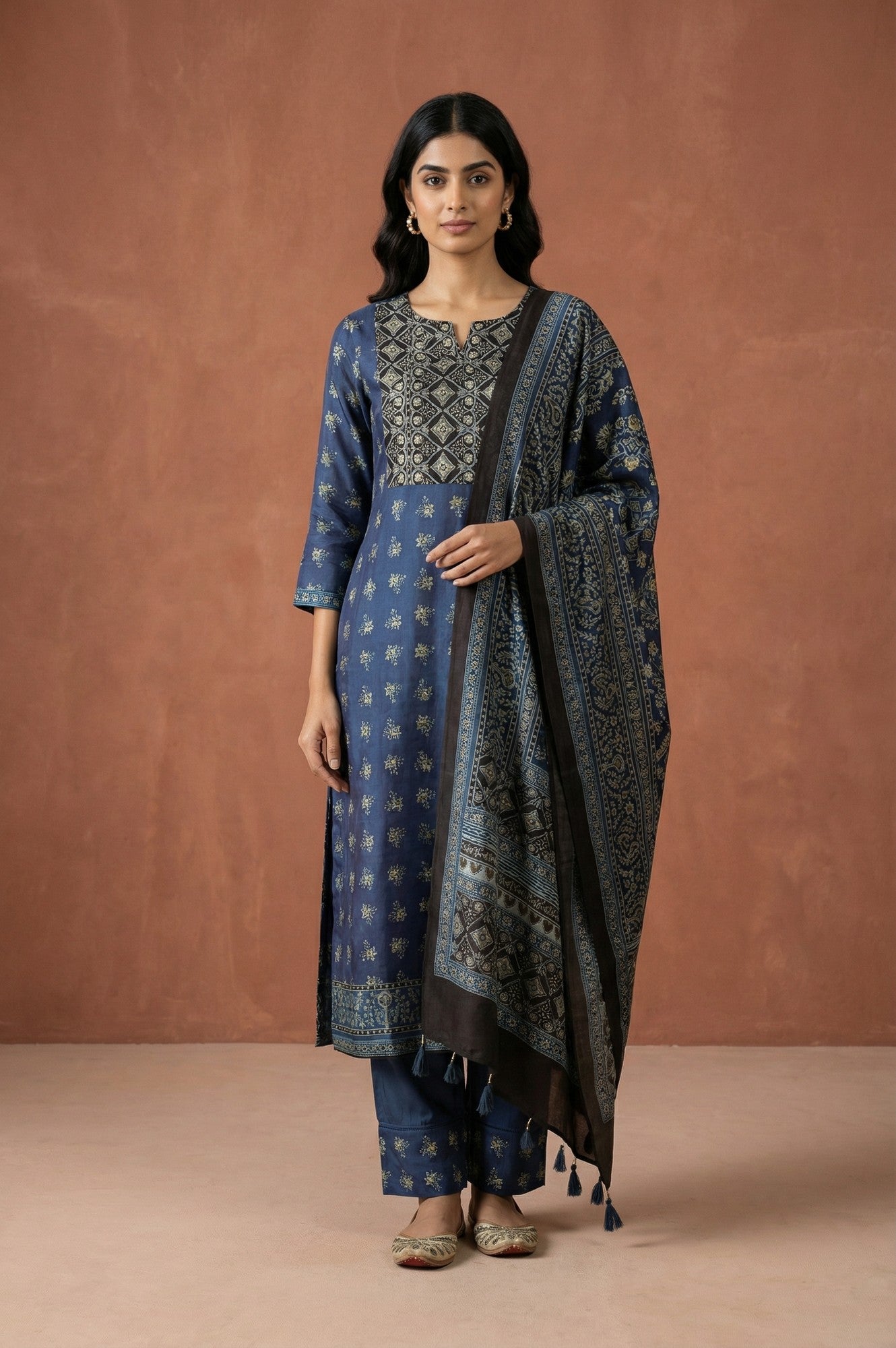 Blue Block Printed Floral Satin Straight Kurta with Parallel Pants and Dupatta Set