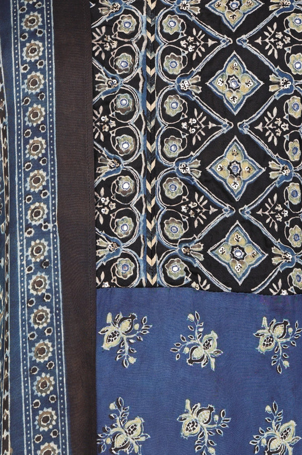 Blue Block Printed Floral Satin Straight Kurta with Parallel Pants and Dupatta Set