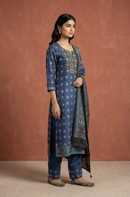 Blue Block Printed Floral Satin Straight Kurta with Parallel Pants and Dupatta Set
