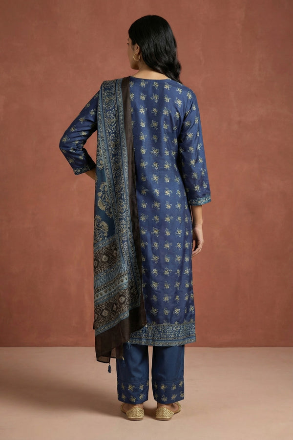 Blue Block Printed Floral Satin Straight Kurta with Parallel Pants and Dupatta Set
