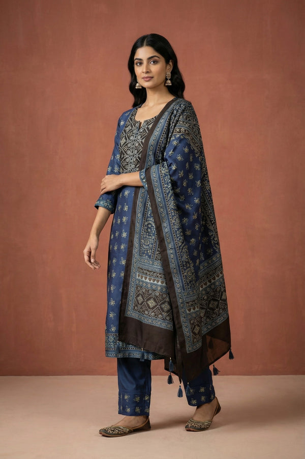 Blue Block Printed Floral Satin Straight Kurta with Parallel Pants and Dupatta Set
