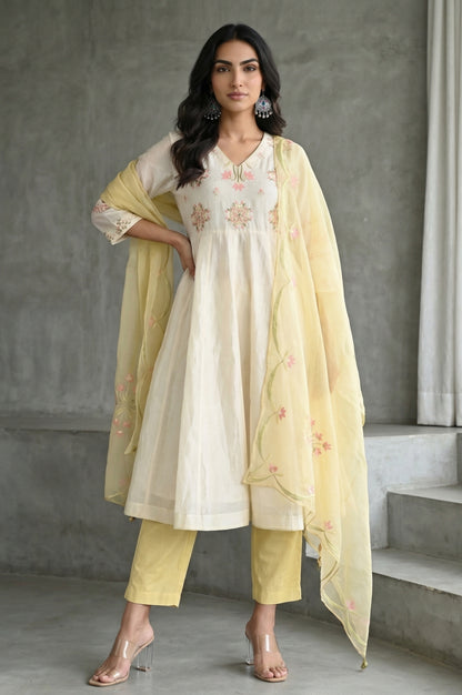 Off White Thread Embroidered Cotton Silk Anarkali Kurta with Pants and Dupatta Set