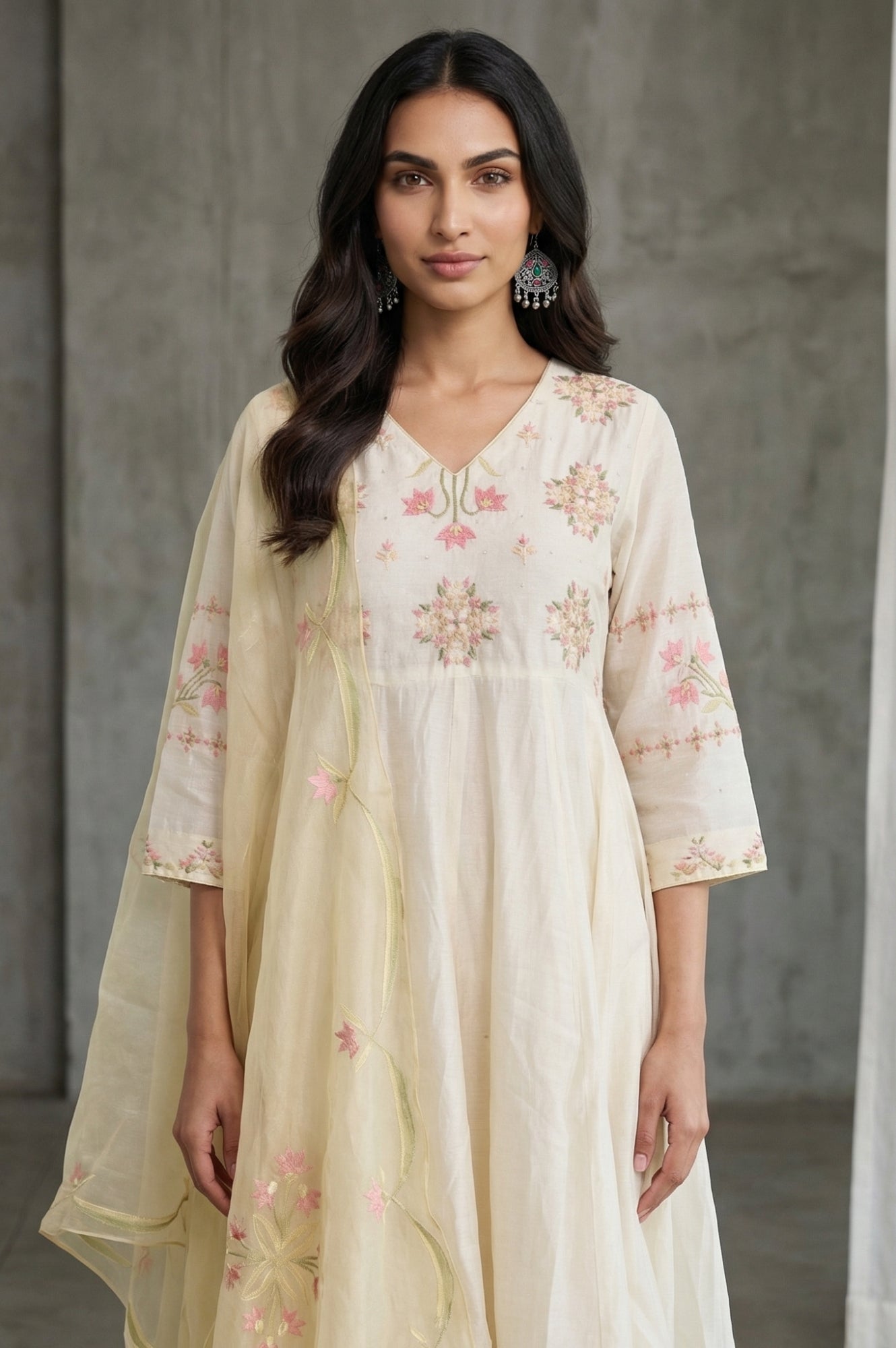 Off White Thread Embroidered Cotton Silk Anarkali Kurta with Pants and Dupatta Set