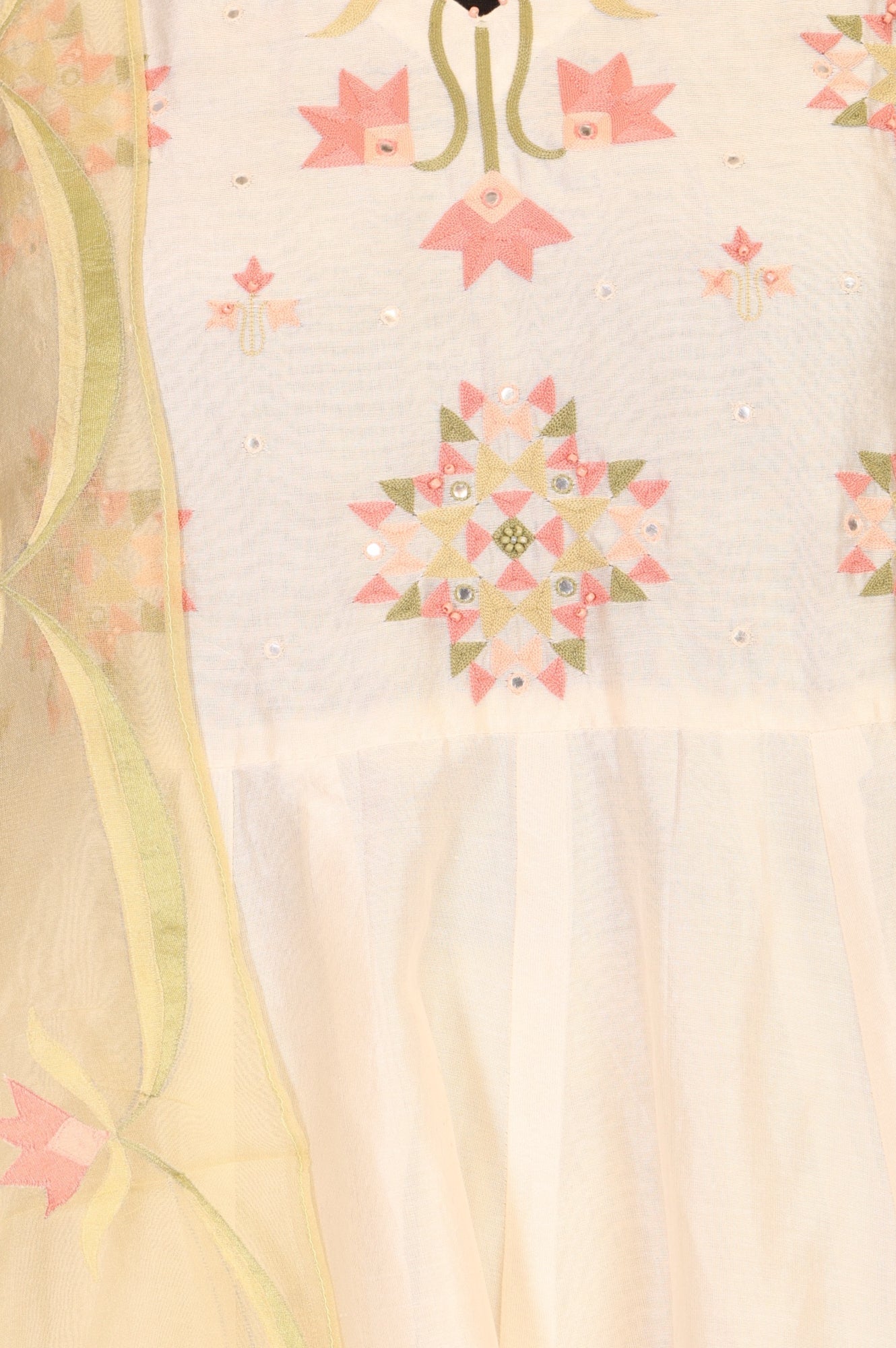 Off White Thread Embroidered Cotton Silk Anarkali Kurta with Pants and Dupatta Set