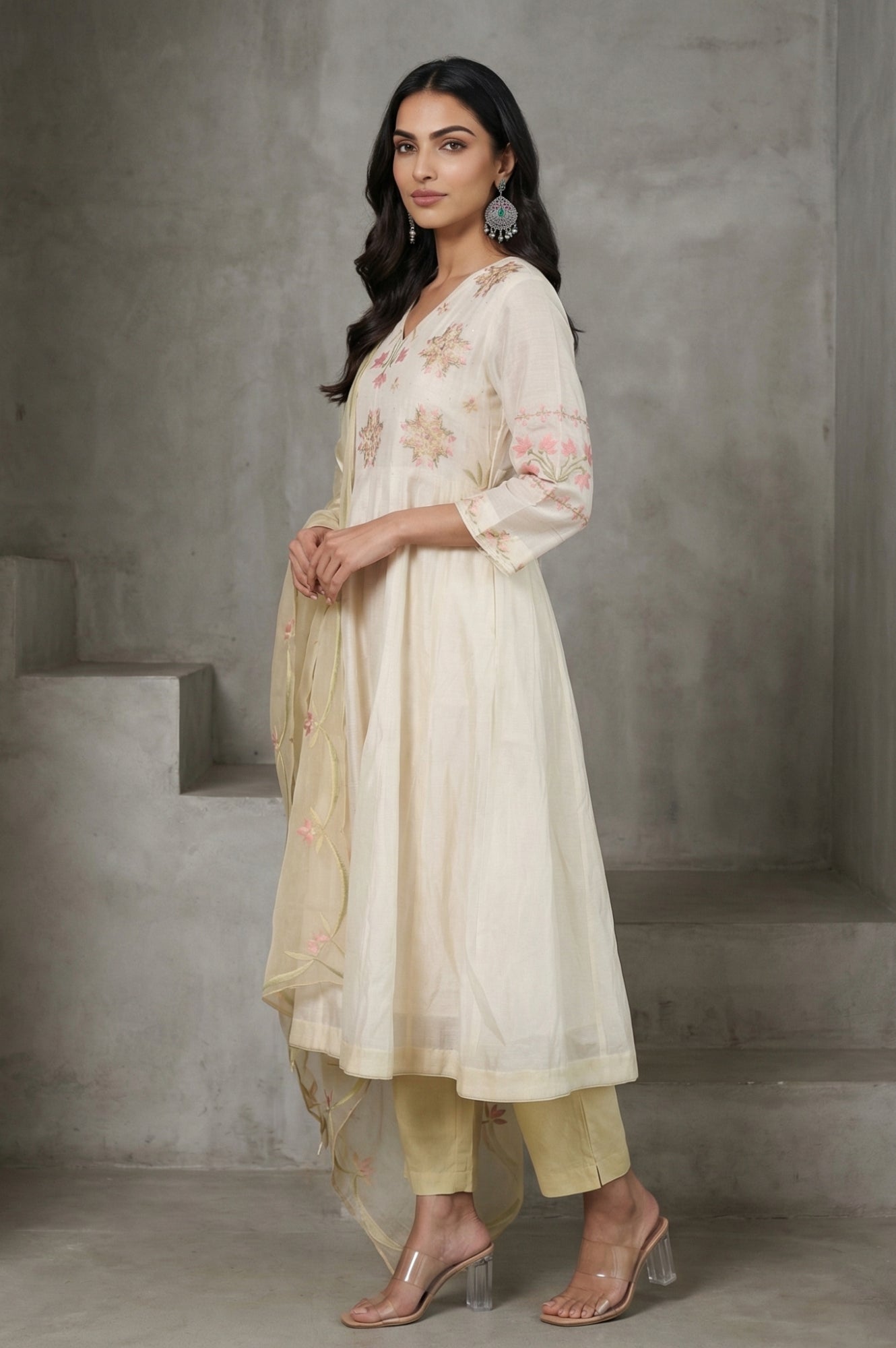 Off White Thread Embroidered Cotton Silk Anarkali Kurta with Pants and Dupatta Set