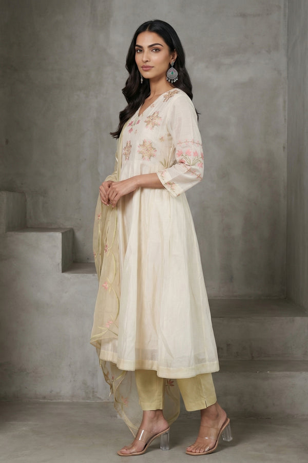 Off White Thread Embroidered Cotton Silk Anarkali Kurta with Pants and Dupatta Set