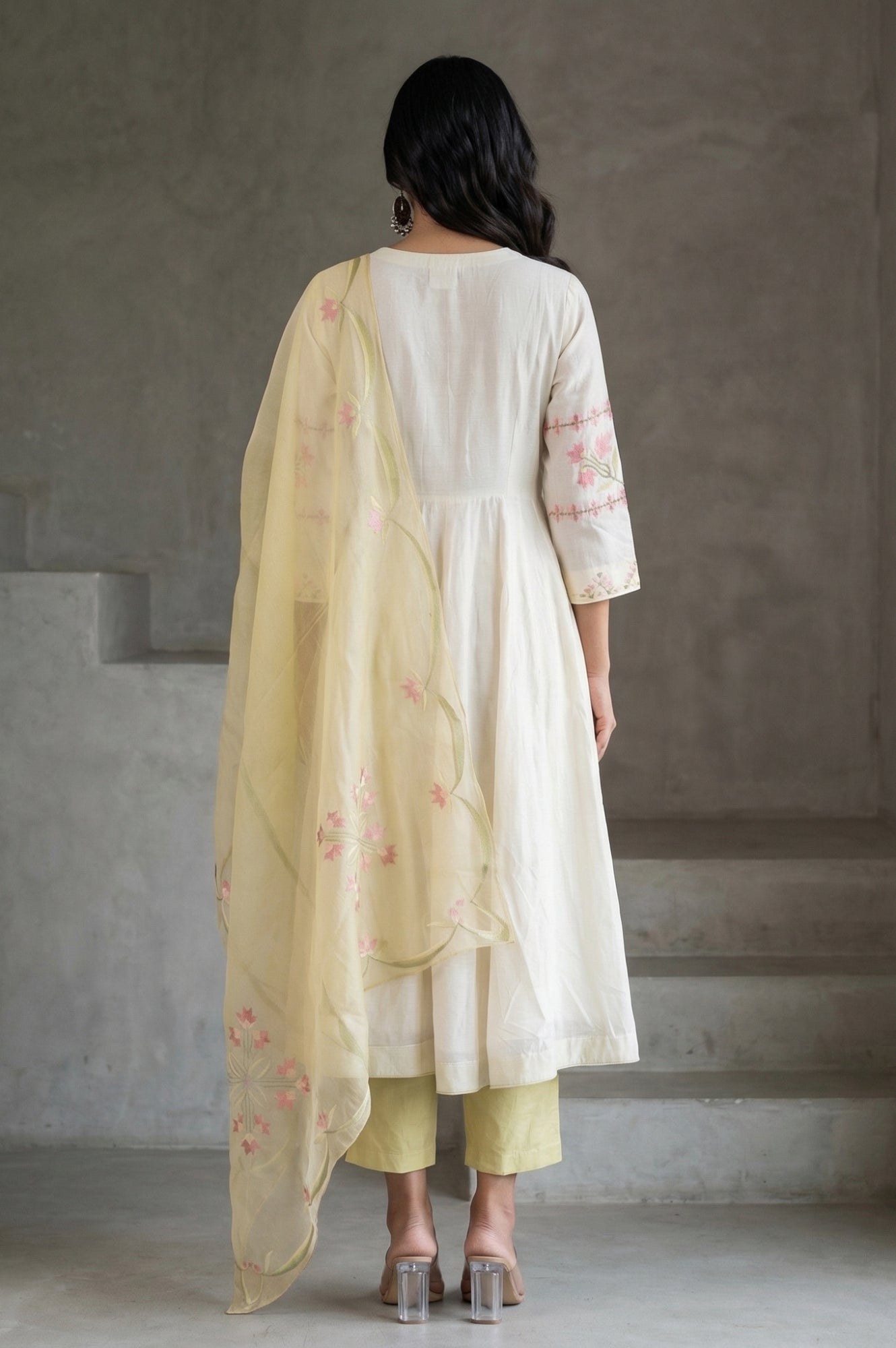Off White Thread Embroidered Cotton Silk Anarkali Kurta with Pants and Dupatta Set