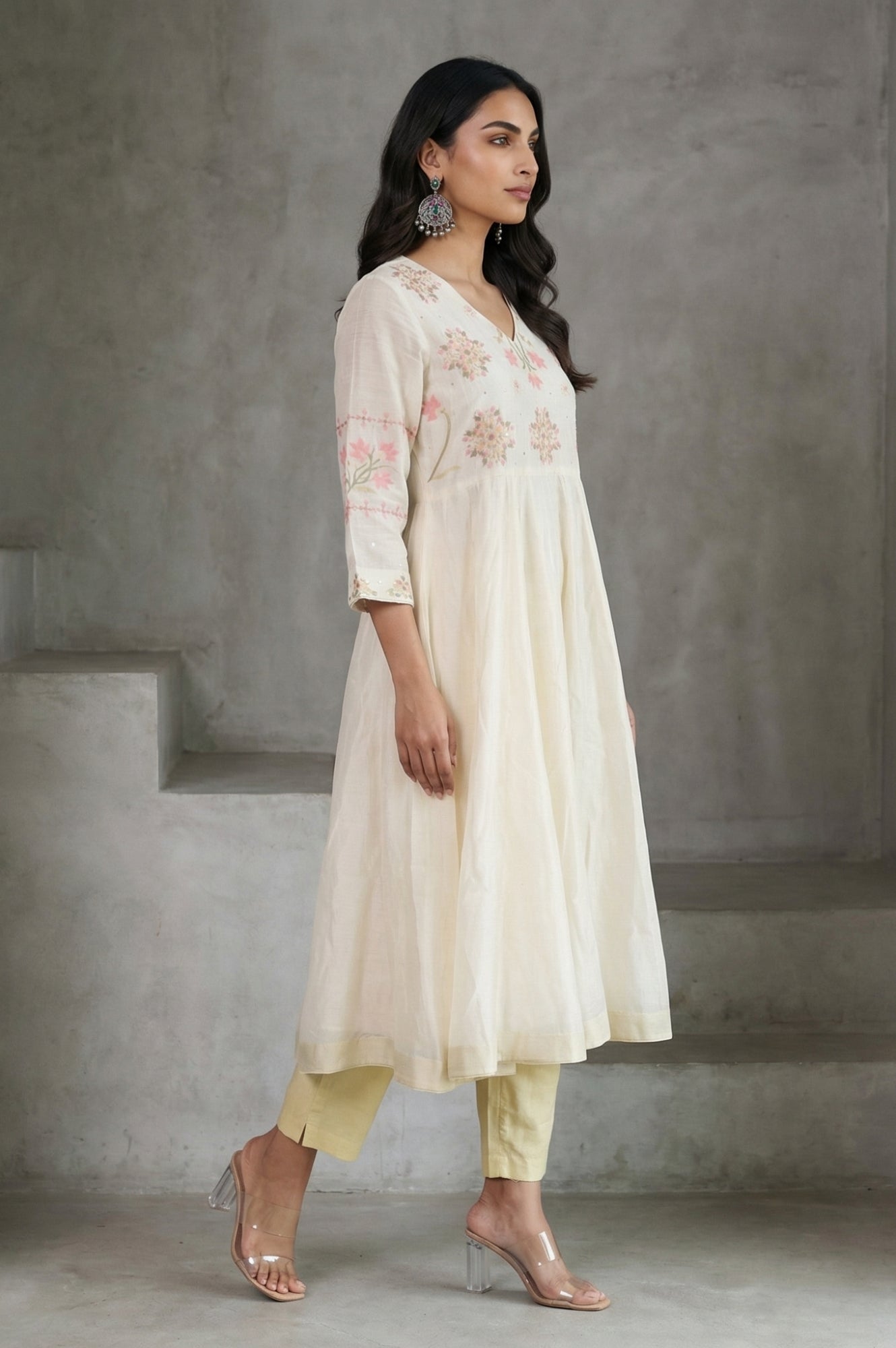 Off White Thread Embroidered Cotton Silk Anarkali Kurta with Pants and Dupatta Set